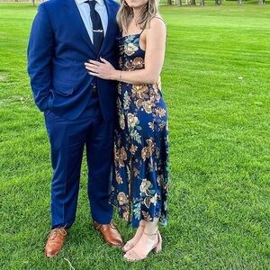 Blue floral satin midi dress